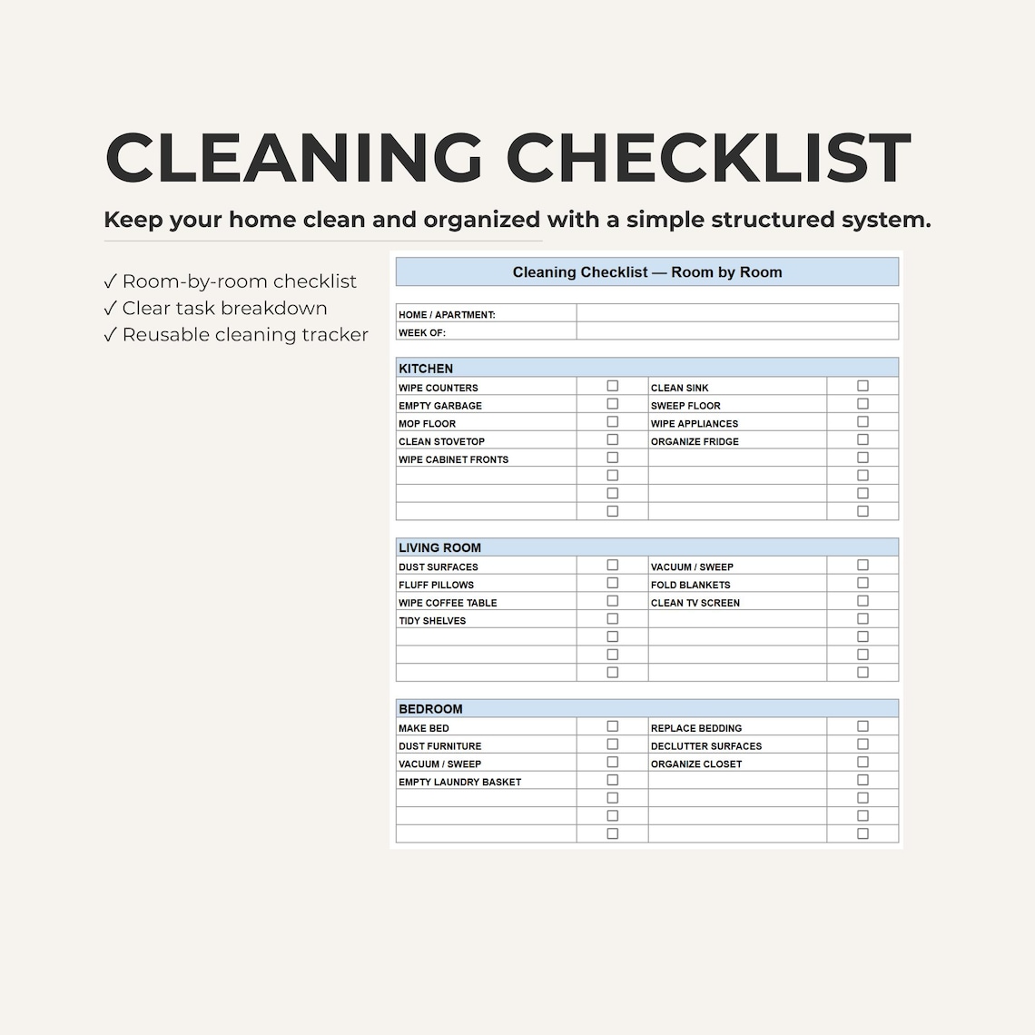 Cleaning Checklist Template Room by Room Home Cleaning and Household ...