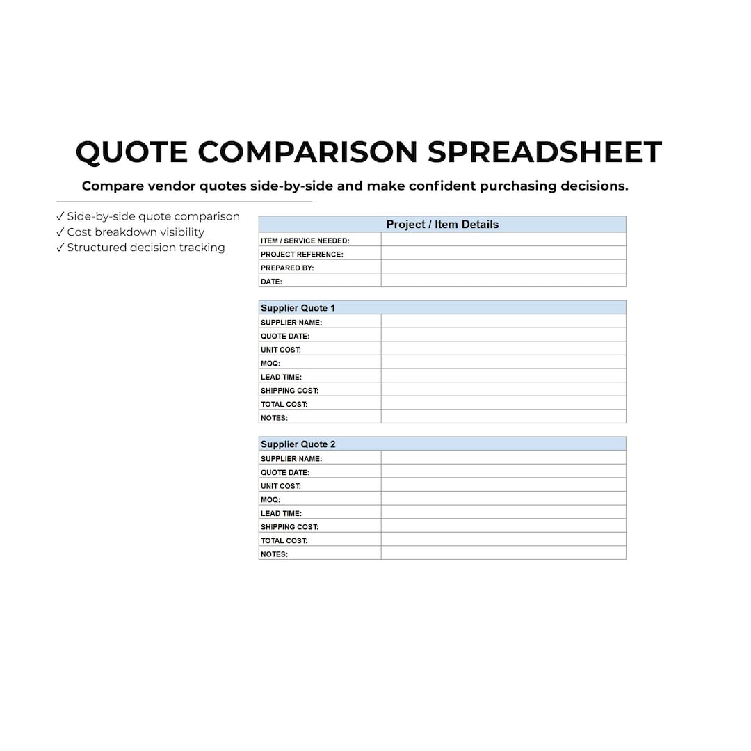Comparison Quote Layout Quote Comparison Spreadsheet Template Simple Vendor Pricing and RFQ ...