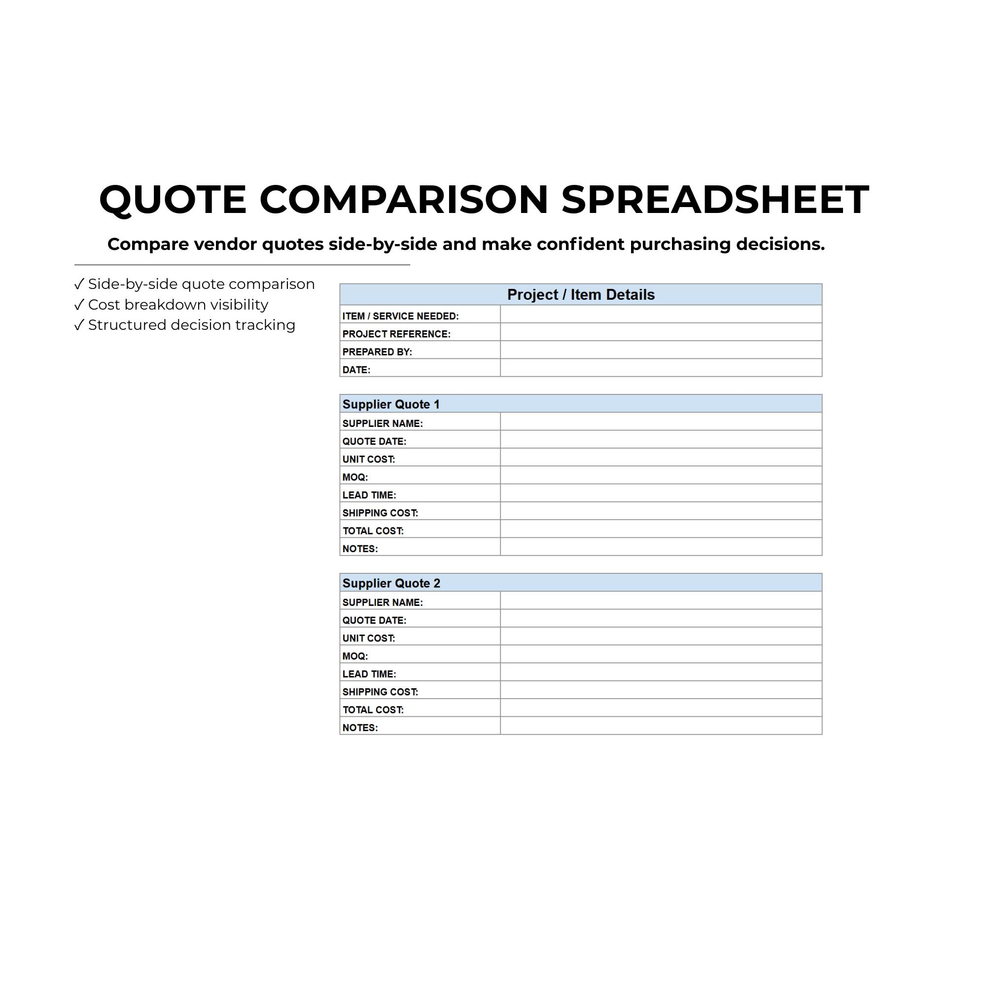 Quote Comparison Layout Quote Comparison Spreadsheet Template Simple Vendor Pricing and RFQ ...