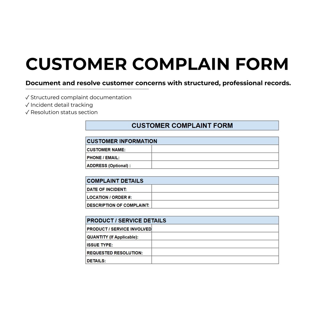 Customer Complaint Form Template Simple Client Issue Reporting and ...