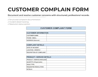 Customer Complaint Form Template Simple Client Issue Reporting and Resolution Tracking