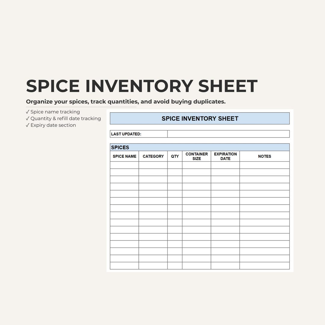 Spice Inventory Sheet Template Simple Kitchen Spice Organization and ...