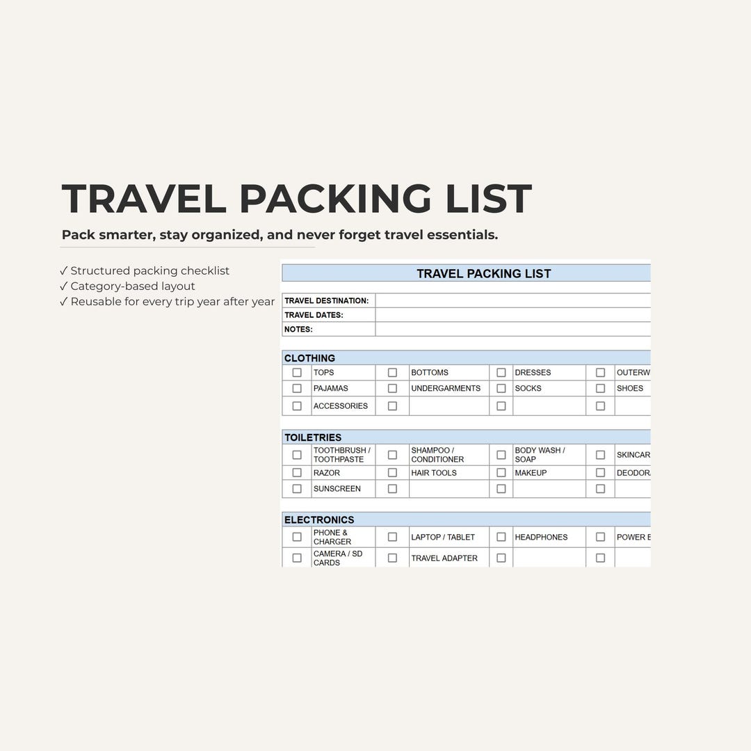 Travel Packing List Template Simple Vacation and Trip Planning ...
