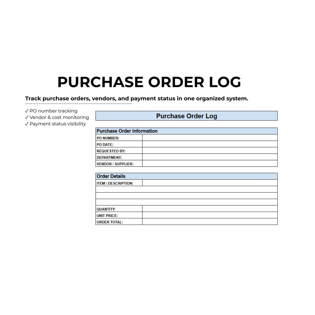 Purchase Order Log Template Simple PO Tracking and Vendor Order ...