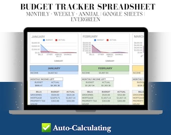 Könnte beinhalten: Ein Laptop-Bildschirm zeigt eine Budget-Tracker-Tabelle. Die Tabelle zeigt monatliche Einnahmen, Budget und tatsächliche Ausgaben für Januar und Februar. Auf dem Bildschirm steht "Budget Tracker Spreadsheet" und "Auto-Calculating Instant Google Sheets."