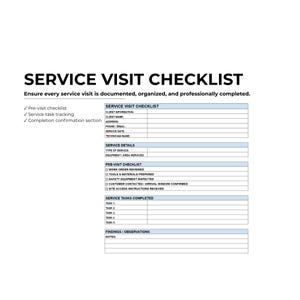 May include: A white document titled "SERVICE VISIT CHECKLIST" with sections for client information, service details, pre-visit checklist, service tasks, and findings. The checklist ensures organized and documented service visits.
