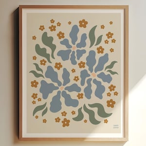 Blue Boho Flower Poster, Retro Floral Wall Art Print, Modern Botanical Illustration, Minimalist Nature Artwork, Vintage Home Decor
