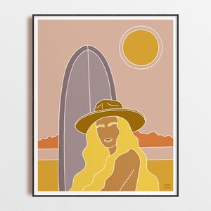 Boho Surfer Girl Print | Minimalist Beach Wall Art | Blonde Surf Art Poster with Hat & Purple Longboard | Coastal Decor for Ocean Lovers
