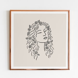 Boho Floral Line Art Woman Print – Minimalist Feminine Wall Art, Botanical Black Ink Drawing, Modern Hair Flowers Illustration