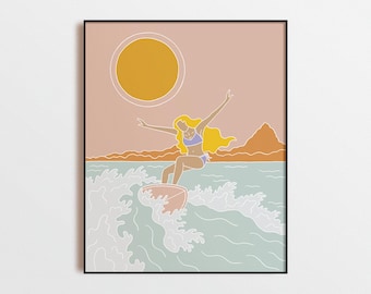 Wake Surf Girl Art Print – Tropical Sunset Illustration, Retro Coastal Wall Art, Boho Wakeboarding Decor, Female Rider Poster