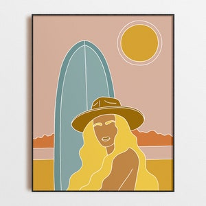 Boho Surfer Girl Print | Minimalist Beach Wall Art | Blonde Surf Art Poster with Hat & Longboard | Coastal Decor for Ocean Lovers