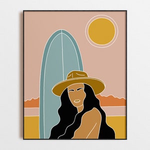 Boho Surfer Girl Print | Minimalist Beach Wall Art | Surf Art Poster with Hat & Longboard | Coastal Decor for Ocean Lovers