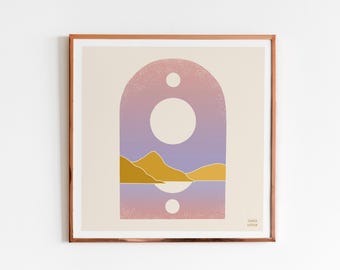 Minimalist Moonrise Wall Art I Modern Boho Mountain Desert Landscape Print I Abstract Moon Poster I Earth Tone Arch Illustration