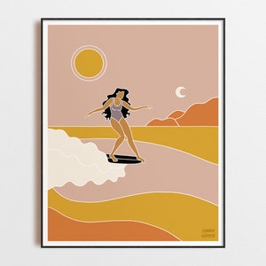 May include: Art print of a surfer on a wave, with a minimalist design. The colour scheme includes peach, yellow, and brown. A sun and moon are in the sky. The artist's name, SAMRA RAPPEN, is in the lower right corner of the print.