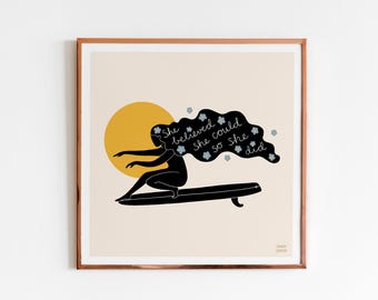Ela acreditava que podia - Impressão artística de surfe - Ilustração inspiradora de garota surfando, pôster de longboard, decoração de parede boho oceânica, arte quadrada