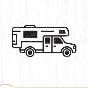 May include: Black and white line art illustration of a recreational vehicle, or RV. The RV has a cab and a living area. The image includes the text "SVG - PNG - EPS - DXF".