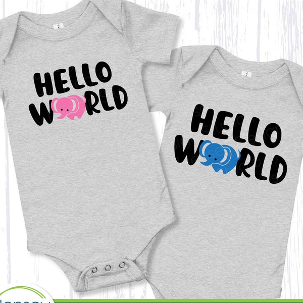 Baby Elephant Hello World svg, Newborn T-shirt Design, New Baby, Infant Girl Boy Quote, Going Home Outfit Download, Cut File Svg Eps Png