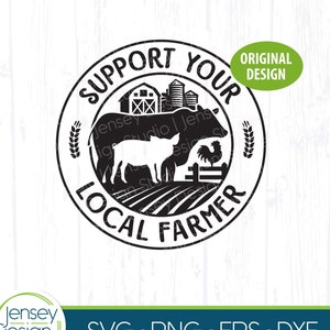 Apoye a su granjero local svg, vaca cerdo pollo mercado de granjeros png para bolsa de mano, diseño de camiseta de esposa de granja de animales de granero, descarga instantánea de imágenes prediseñadas