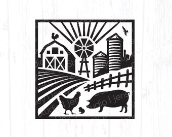 Op de afbeelding: Zwart-witte silhouet van een boerenscène met een schuur, windmolen, silo, hek, varken, kip en kuiken. De scène speelt zich af tegen een achtergrond van een zon met stralen en een veld met gewassen.