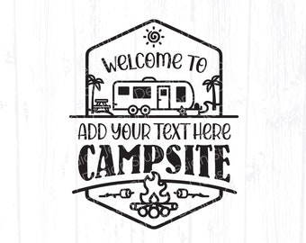 Beach Camper Trailer svg, Family Name Welcome Sign png, RV Camping Bucket Clipart, Travel Cut File, Happy Camp Life Flag Artwork, Decor Logo