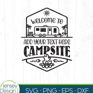 Remolque de playa SVG, Letrero de bienvenida con nombre de familia PNG, Clipart de cubo de camping RV, Archivo de corte de viaje, Ilustración de bandera de Happy Camp Life, Logotipo de decoración