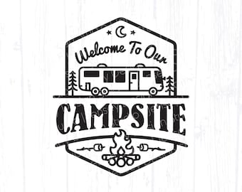 Class A RV Motorhome Camping svg, Welcome to our Campsite Sign design, Motor Home Camper, Vacation Campsite Bucket png for Cricut Silhouette