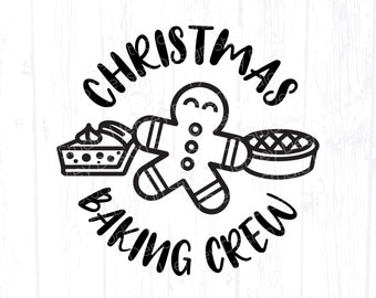 Peut inclure: Illustration en noir et blanc d'un bonhomme en pain d'épices tenant une tarte dans chaque main. Le texte "Christmas Baking Crew" entoure le bonhomme en pain d'épices.