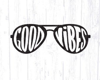 Buenas vibraciones SVG, gafas de sol de aviador PNG, diseño de verano, clipart de playa retro vintage, archivo de corte de camiseta linda, Cricut, descarga digital para niña