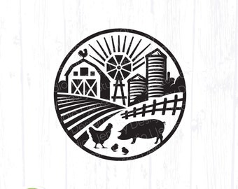 Farm Scene svg, Barn Animals Round Circle Frame, Pig Chicken Farmhouse Sign png, Home Kitchen Decor, 4H Farmer Life Clipart Digital Download