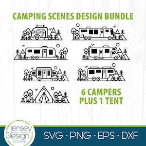 Camping SVG Bundle, scènes de camping-car, dessins de fichier de coupe en plein air, signe de camp d'aventure de camping-car, voyage remorque PNG Clipart, Cricut Silhouette Glowforge
