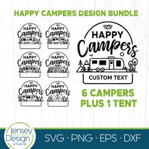 Pacote SVG Happy Campers, Designs de arquivo de corte de balde de acampamento, Placas de acampamento de RV, Clipart de PNG de trailer de viagem, Camiseta, Silhueta Cricut Glowforge