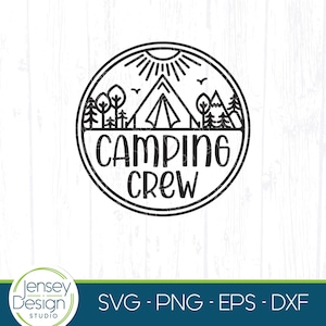 Equipo de acampada svg, Campista de tienda png, Viajes de aventura al aire libre eps, Diseño de letrero redondo, Clip Art de cubo de luz de campamento para Cricut Silhouette