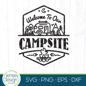 キャンプ場へようこそ svg、ハッピーキャンパーサインデコレーション、RV キャンプ用バケツ svg、トラベルトレーラーアクセサリー、Cricut ギフト用のキャンプ場旗 png