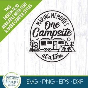 5 輪キャンピングカー svg、5 輪旅行トレーラー デザイン、キャンプ場で思い出作り png、RV キャンプ用バケット svg、Cricut カット ファイル