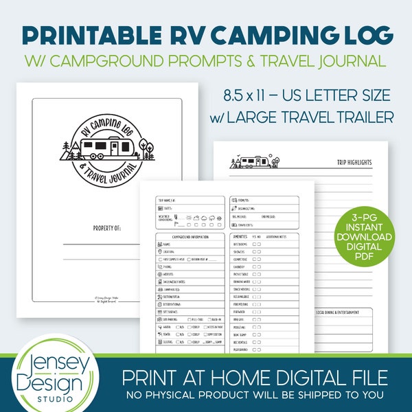 RV Camper Camping Journal, Campground Log, Road Trip Planner, Travel Trailer Custom Printable PDF 8.5 x 11, Family Memory Book, Camp Tracker