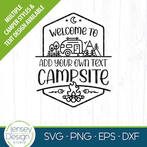 Svg de remorque camping-car, nom de famille signe de bienvenue png, RV Camping seau des cliparts, fichier de coupe de voyage, oeuvre d'art drapeau heureux vie de camp, décoration murale