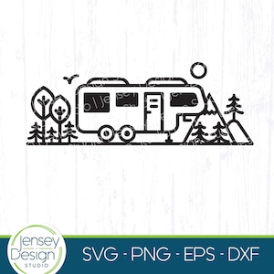 May include: Black and white line art illustration of a camper van parked in a mountainous landscape. The camper van has a single door and two windows. There are trees and mountains in the background. The sun is shining in the sky.