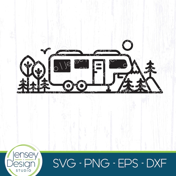 5th Wheel RV Camping Scene svg, Fifth Wheel Camper svg, Sign Design cut file, Travel Trailer Decor clipart, Camp Life, T-Shirt eps, png, dxf