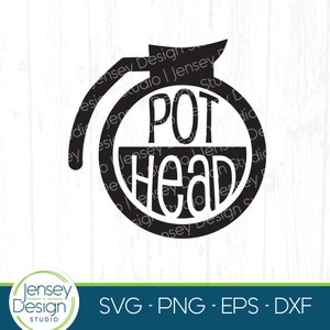 Może przedstawiać: Czarno-biała sylwetka dzbanka do kawy z tekstem "POT HEAD" wewnątrz dzbanka.