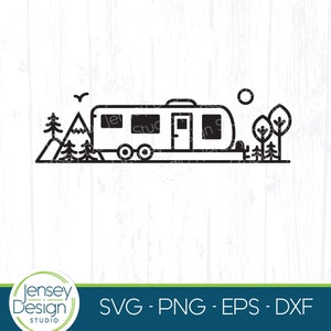 Trailer de viagem Toy Hauler svg, Trailer de reboque png, Cena de acampamento de trailer rebocável, Clipart de silhueta Cricut de árvores de montanhas, Arquivo de corte digital
