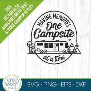 クラス A RV モーターホーム svg、キャンプ場で思い出作り、キャンピングカーの看板デザイン、モーターホームバス、家族旅行キャンプ用バケツ png Cricut