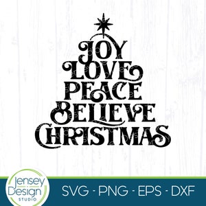 Navidad cristiana svg, árbol de alegría, amor, paz, creer svg para Cricut, decoración del hogar para fiestas religiosas svg, granja imprimible PNG Clipart