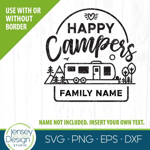 Happy Campers svg, Travel Trailer Camping svg, Toy Hauler RV Family Name Design, Camp Flag Sign Graphic, Camp Bucket png, Cricut Clipart eps