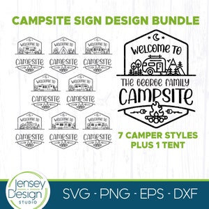 Benvenuti nel nostro campeggio SVG Camper Bundle, cartello con nome secchio da campeggio PNG Clipart, file di taglio laser Camp Life, grafica bandiera, logo decorazione da parete