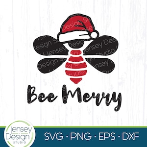 May include: A black and red bee wearing a red Santa hat with the text "Bee Merry" below it.