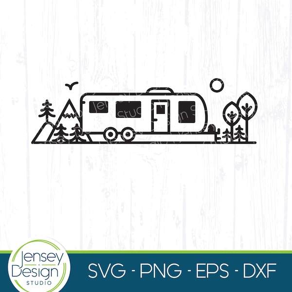 Toy Hauler Travel Trailer svg, Bumper Pull Camper png, Towable RV Camping Scene, Mountains Trees Cricut Silhouette Clipart, Digital Cut File