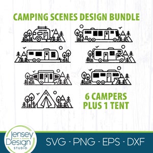 Camping SVG Bundle, Camper Scenes, Outdoor Cut File Designs, RV Adventure Camp Sign, Travel Trailer PNG Clipart, Cricut Silhouette Glowforge