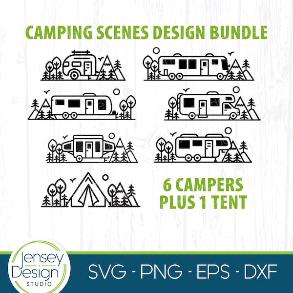 Camping SVG Bundle, Camper-Szenen, Outdoor-Schnittdatei-Designs, Wohnmobil-Abenteuercamp-Schild, Reiseanhänger PNG Clipart, Cricut Silhouette Glowforge