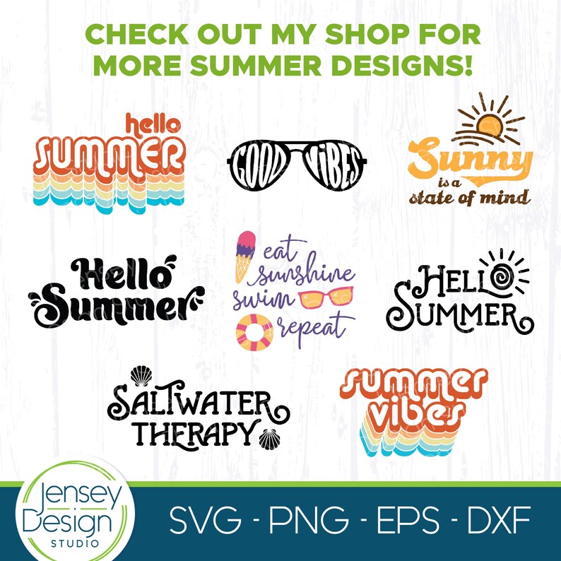 Puede incluir: Una colecci&oacute;n de 10 archivos de corte SVG con tem&aacute;tica veraniega. Los dise&ntilde;os incluyen frases de texto como "Hello Summer", "Good Vibes", "Saltwater Therapy" y "Summer Vibes". Los dise&ntilde;os son de estilo retro con degradados de colores y l&iacute;neas onduladas.