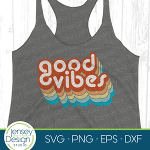 May include: A retro-style graphic design with the text "good vibes" in white letters with a red, orange, yellow, blue, and green color scheme. The design is perfect for a t-shirt, tote bag, or other apparel.